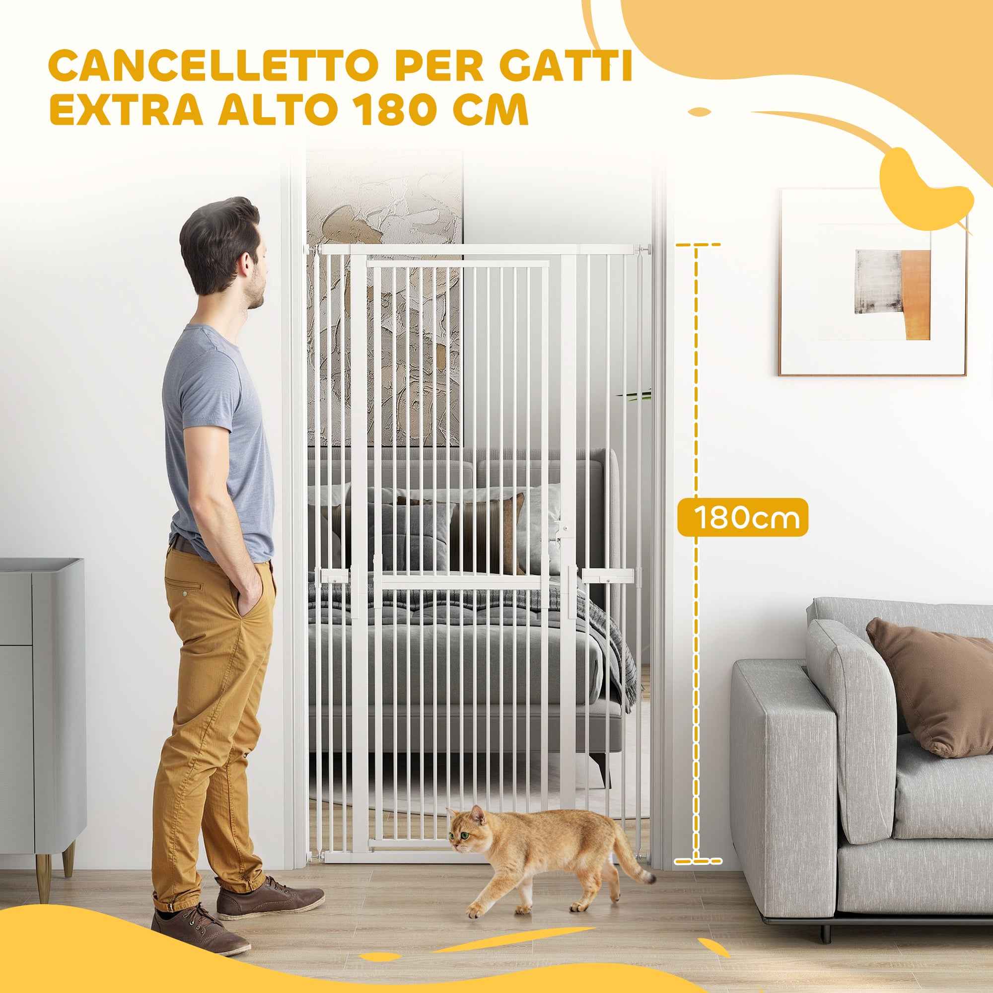 PawHut 180cm High Dog and Cat Gate, Extends from 76-104cm and Push-fits, White