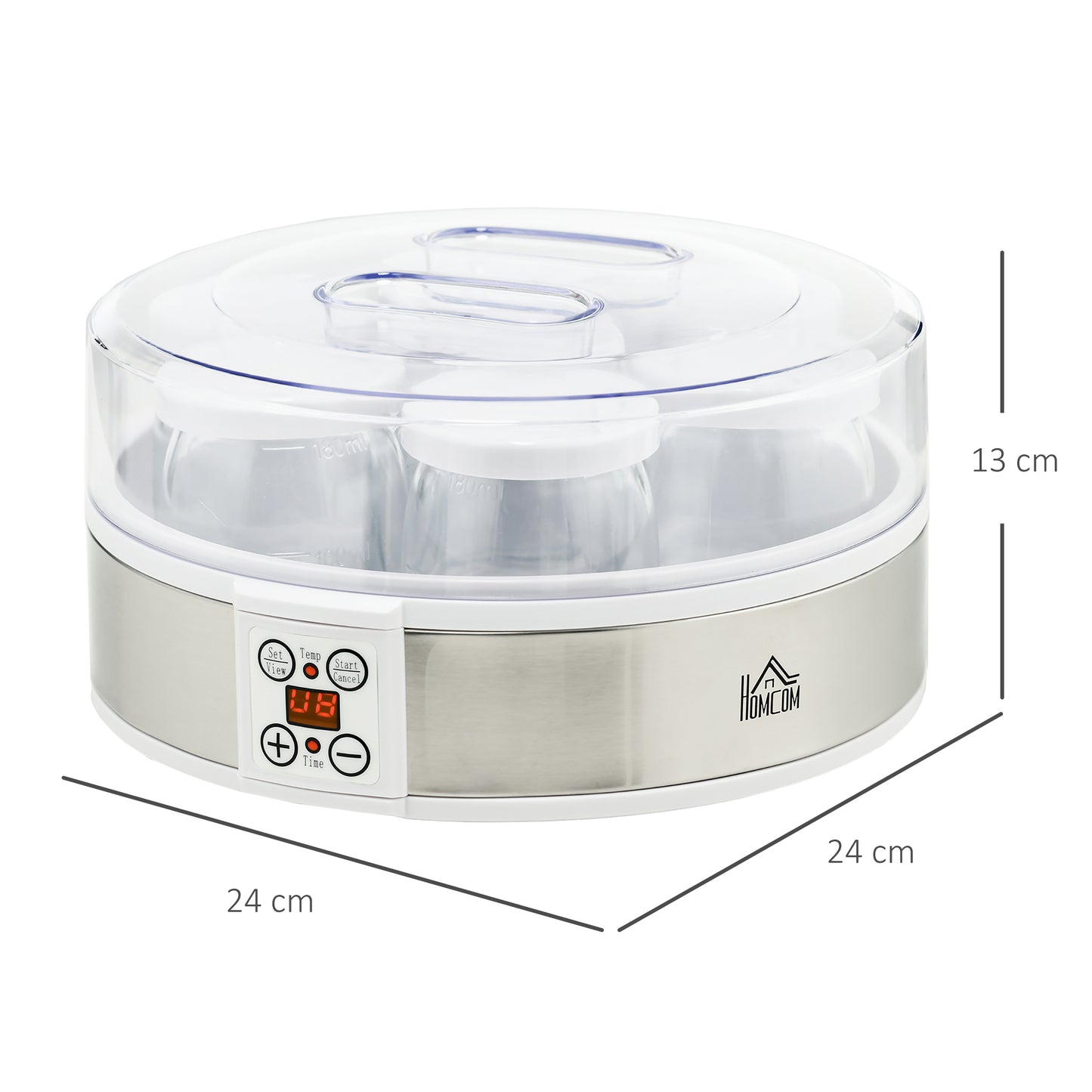 Yogurt Maker 20W 1.5L with 7 Jars and Button Display, Stainless Steel and Plastic, 24x24x13 cm, White