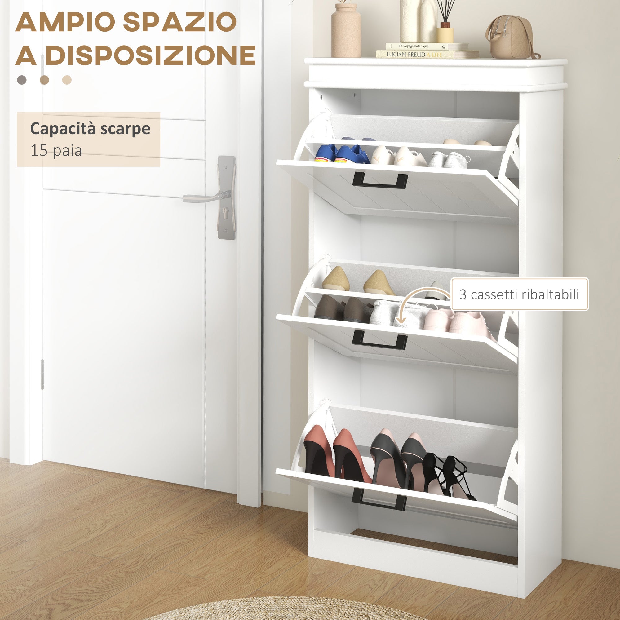 Modern Shoe Rack with 3 Tilting Drawers for 15 Pairs of Shoes and Adjustable Shelf, 54x24x117.5cm, White