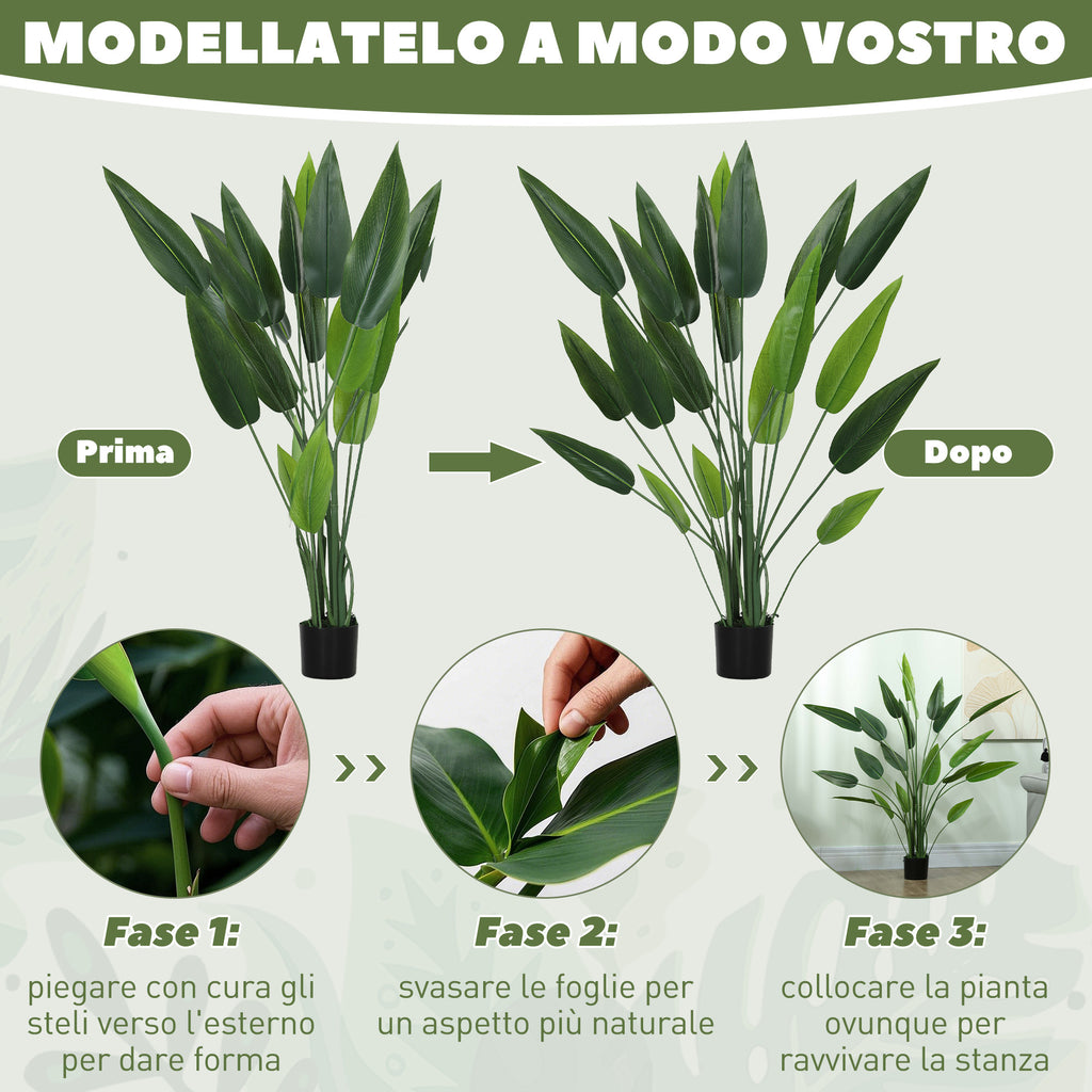 Artificial Green Bird of Paradise Plant 20 Leaves 140cm with Pot, in PE, PEVA and PP