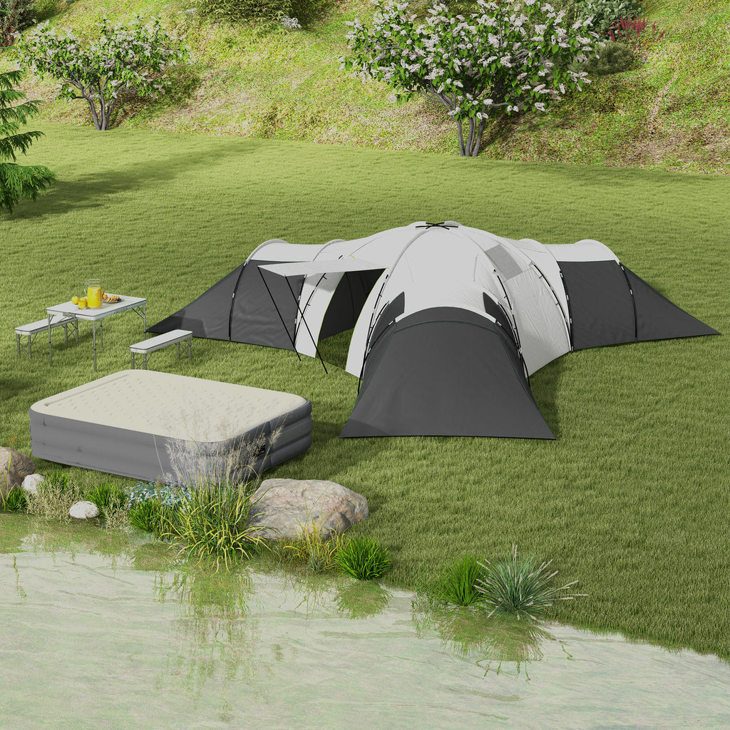 6-Person Waterproof Camping Tent with 3 Sleeping Areas, Living Area and Porch, Oxford Fabric, Grey