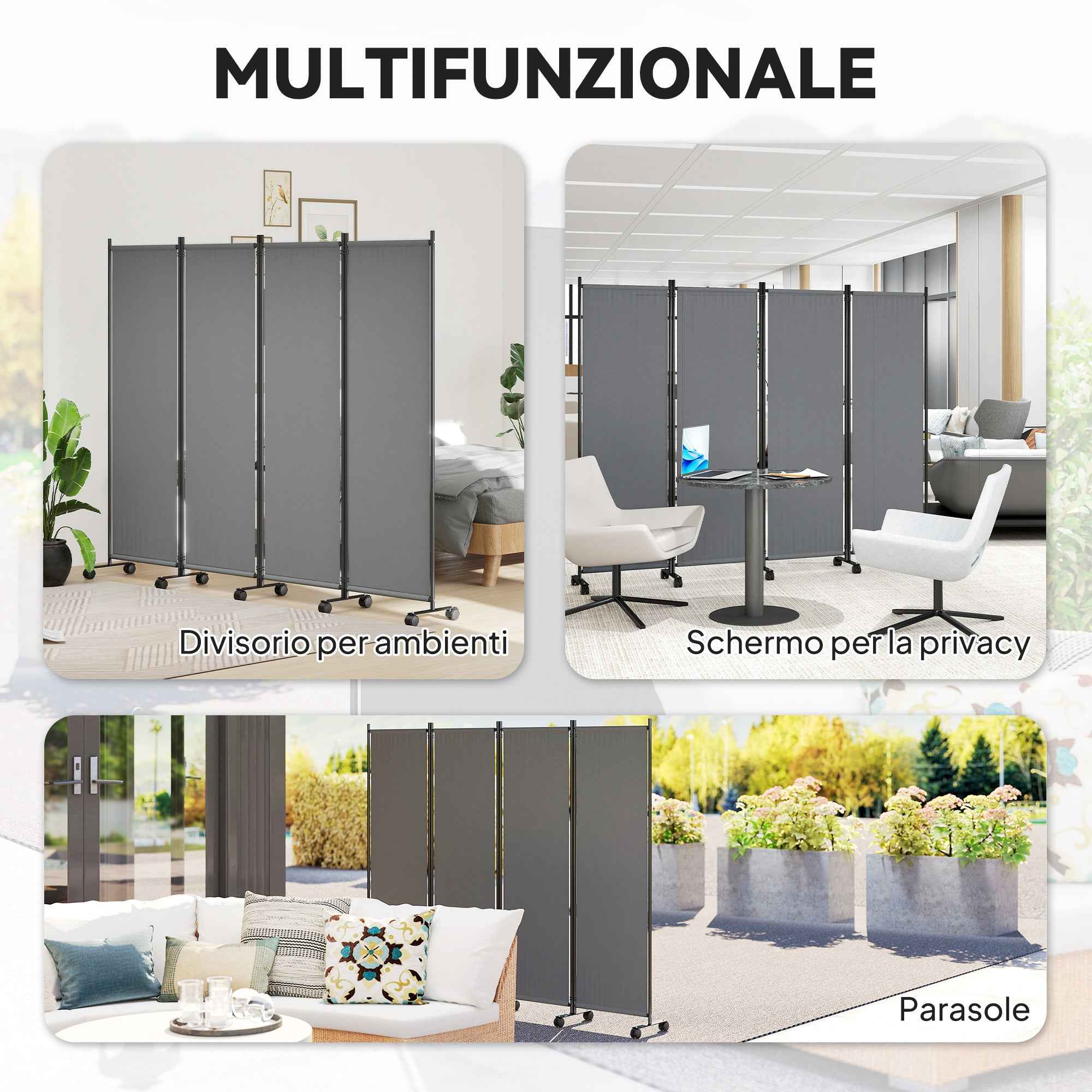 Outsunny 4-Panel Folding Indoor and Outdoor Screen with Wheels, 221 x 50 x 172 cm, Dark Grey