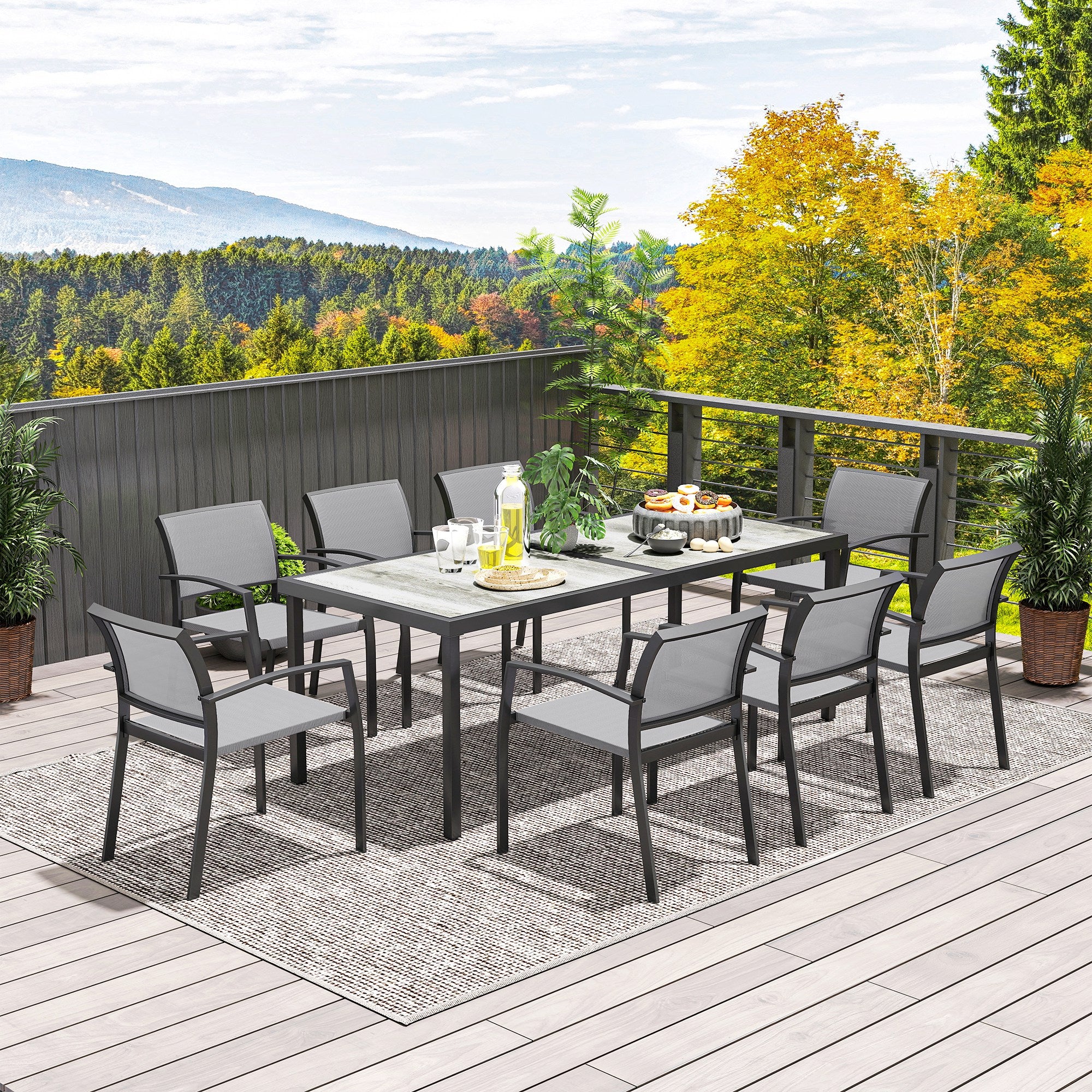 Outsunny Garden Set with Rectangular Dining Table and 8 Stackable Chairs with Armrests, Grey