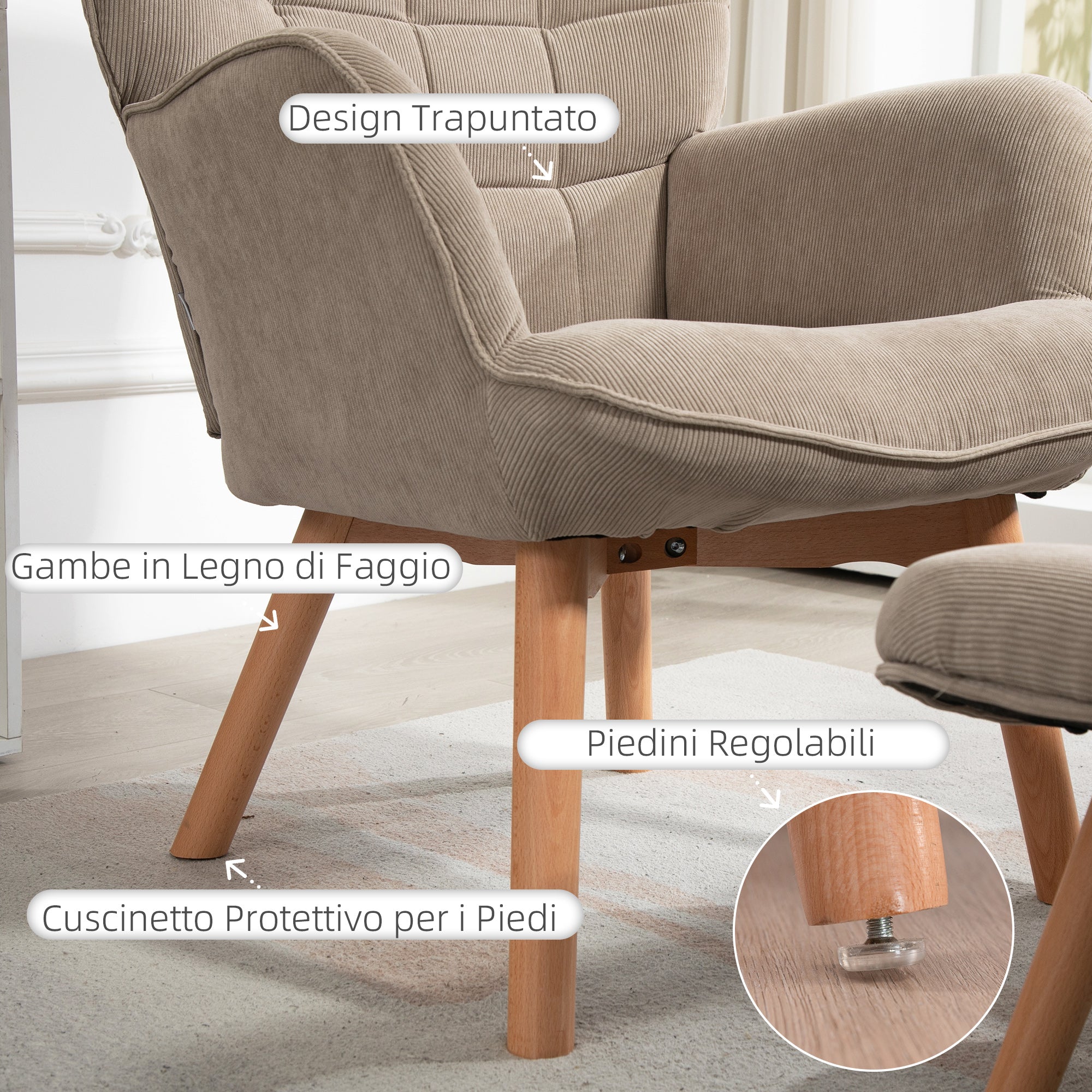 Contemporary Velvet Fabric Armchair with Footstool, 72x80x101 cm, Light Brown