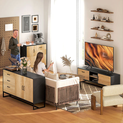 Modern Sideboard with 3 Cabinets and 2 Drawers, in Chipboard and Steel, 80x35x88 cm, Black and Wood Color