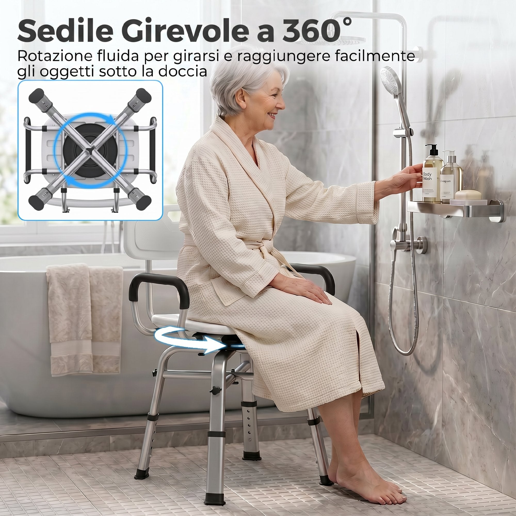 HOMCOM Height-Adjustable Swivel Shower Chair with Armrests, Backrest, 150kg Capacity, White