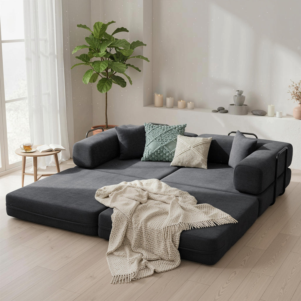 HOMCOM 2-Seater Folding Chenille Sofa Bed with 2 Cushions, Wide Armrests, No Assembly, Dark Grey