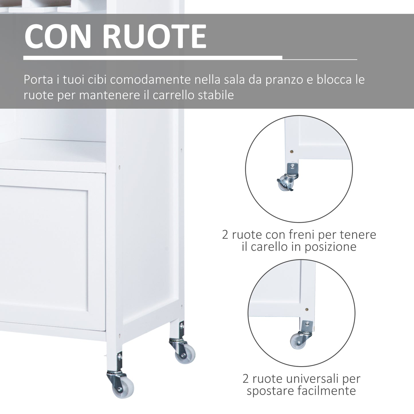 Kitchen Cabinet with Wheels, Bamboo Bottle Rack and Glass Holder, 76 x 40 x 88cm