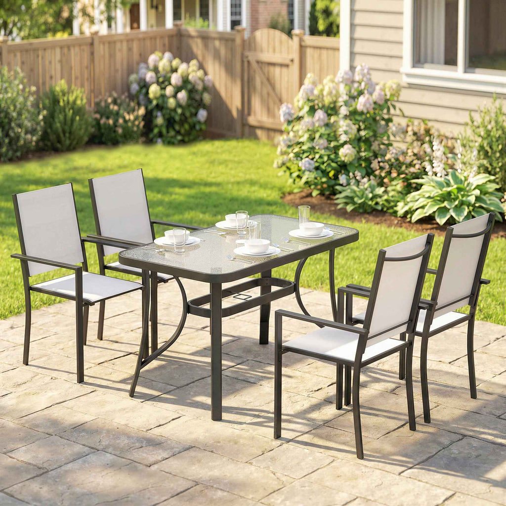 Outsunny 5-Piece Garden Set with 4 Stackable Chairs and Tempered Glass Table with Umbrella Hole, Light Grey