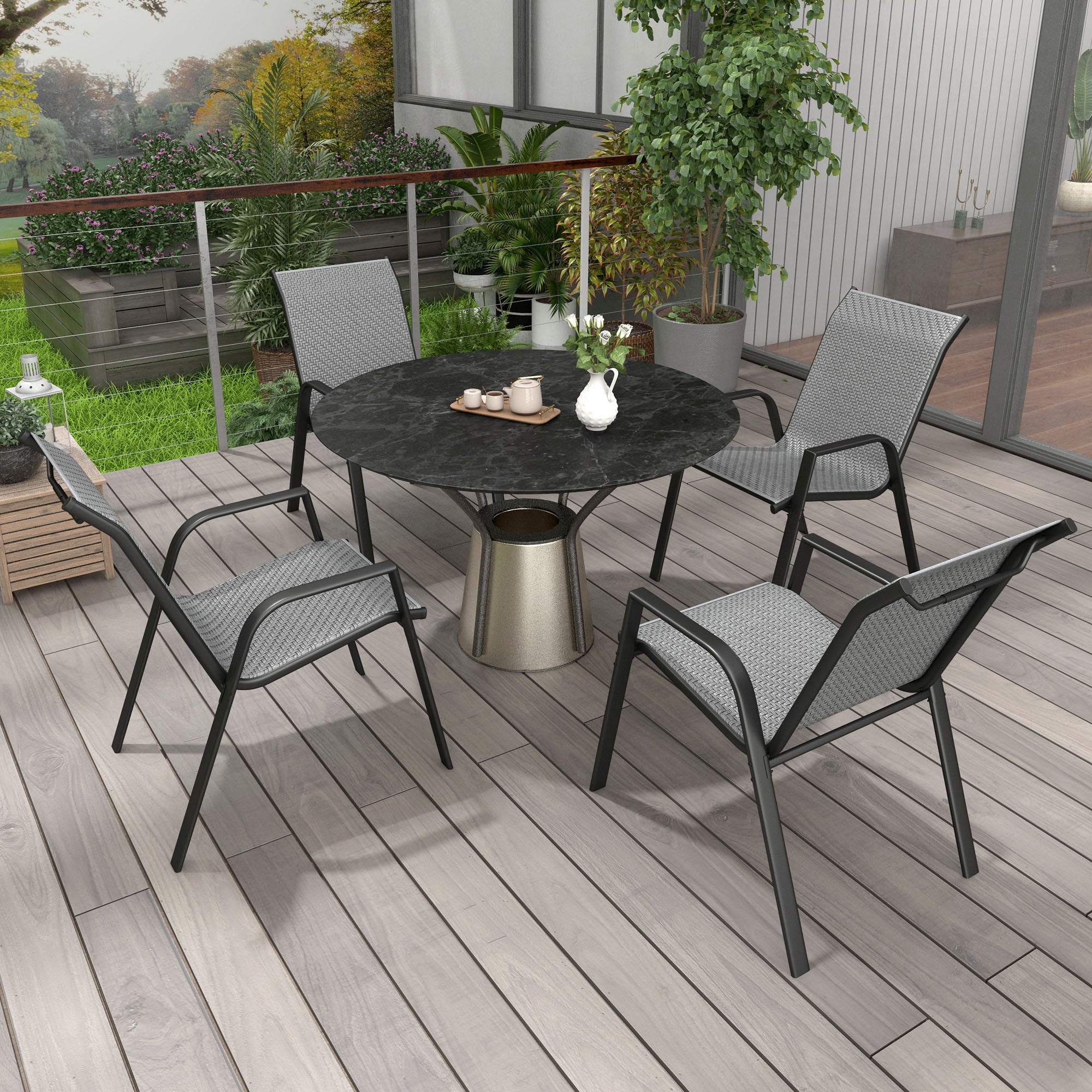 Outsunny set 4 Garden chairs stackable with armrests in Rattan pe and steel, gray - Borgè