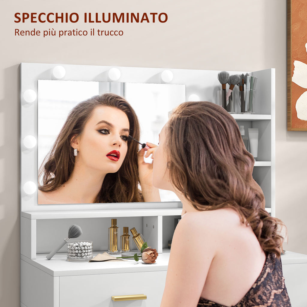 Vanity Makeup Table with Mirror, 2 Drawers, 5 Shelves and Stool, in MDF and Chipboard, 80x40x138 cm, White - Borgè