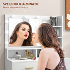 Vanity Makeup Table with Mirror, 2 Drawers, 5 Shelves and Stool, in MDF and Chipboard, 80x40x138 cm, White - Borgè