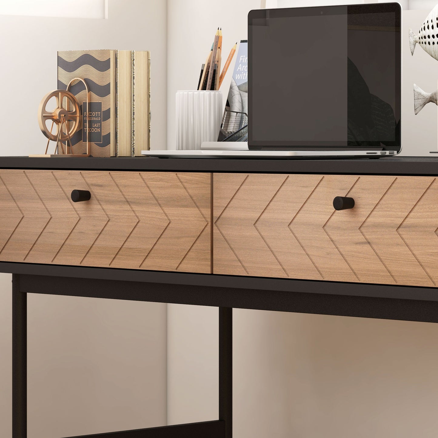 Modern Office Desk with 2 Drawers, Steel and MDF, 106x50x77 cm, Black and Oak - Borgè