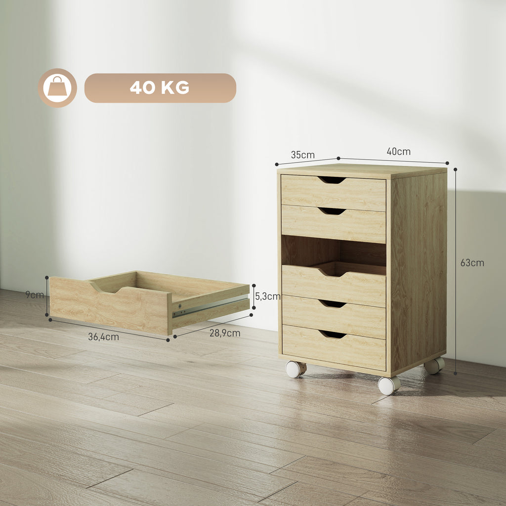 HOMCOM 6-Drawer Office Chest with 4 Wheels and Lock, 40x35x63 cm, Oak