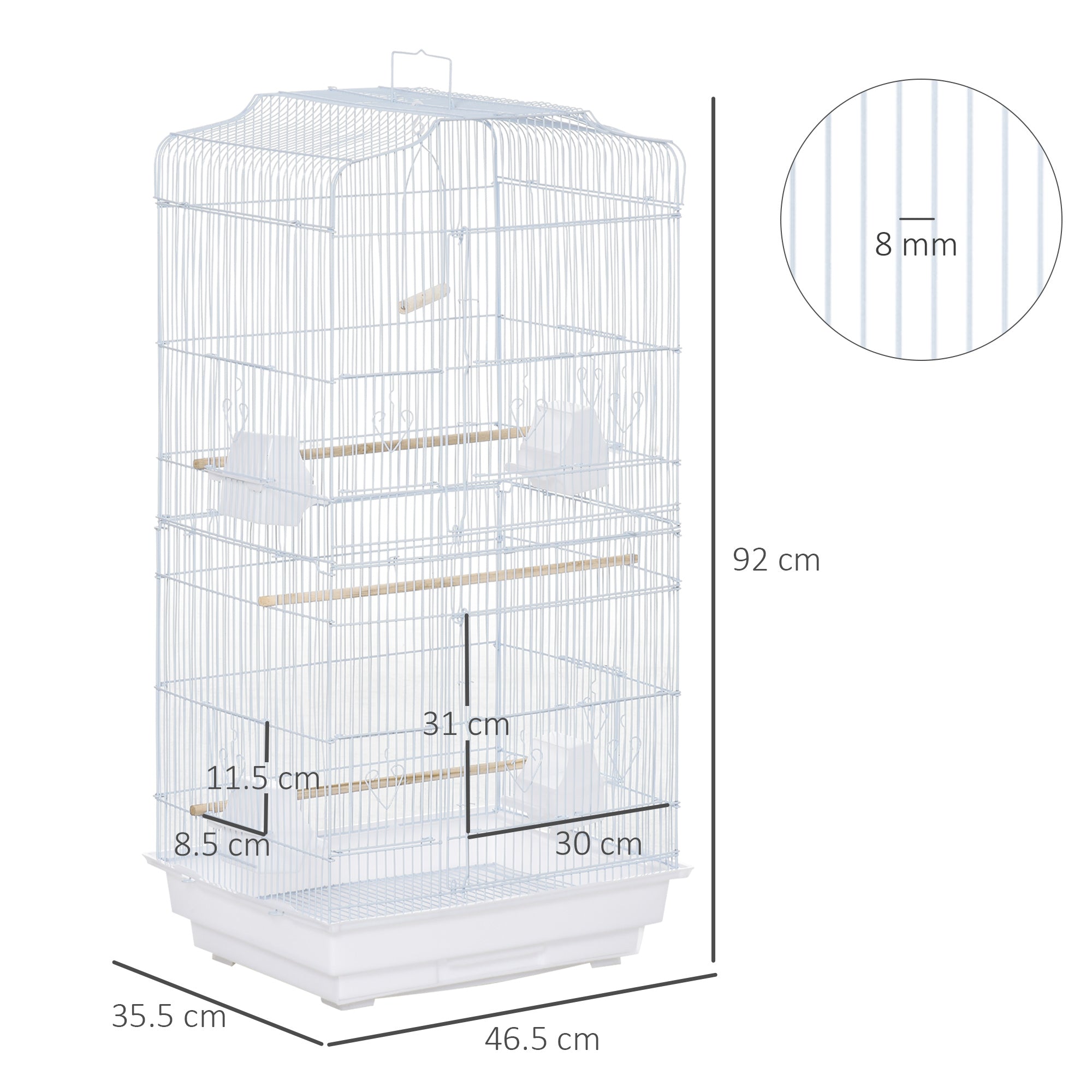 Bird Cage with Perches, Swing and Bowls, Metal and Plastic Aviary, 46.5x35.5x92cm, White