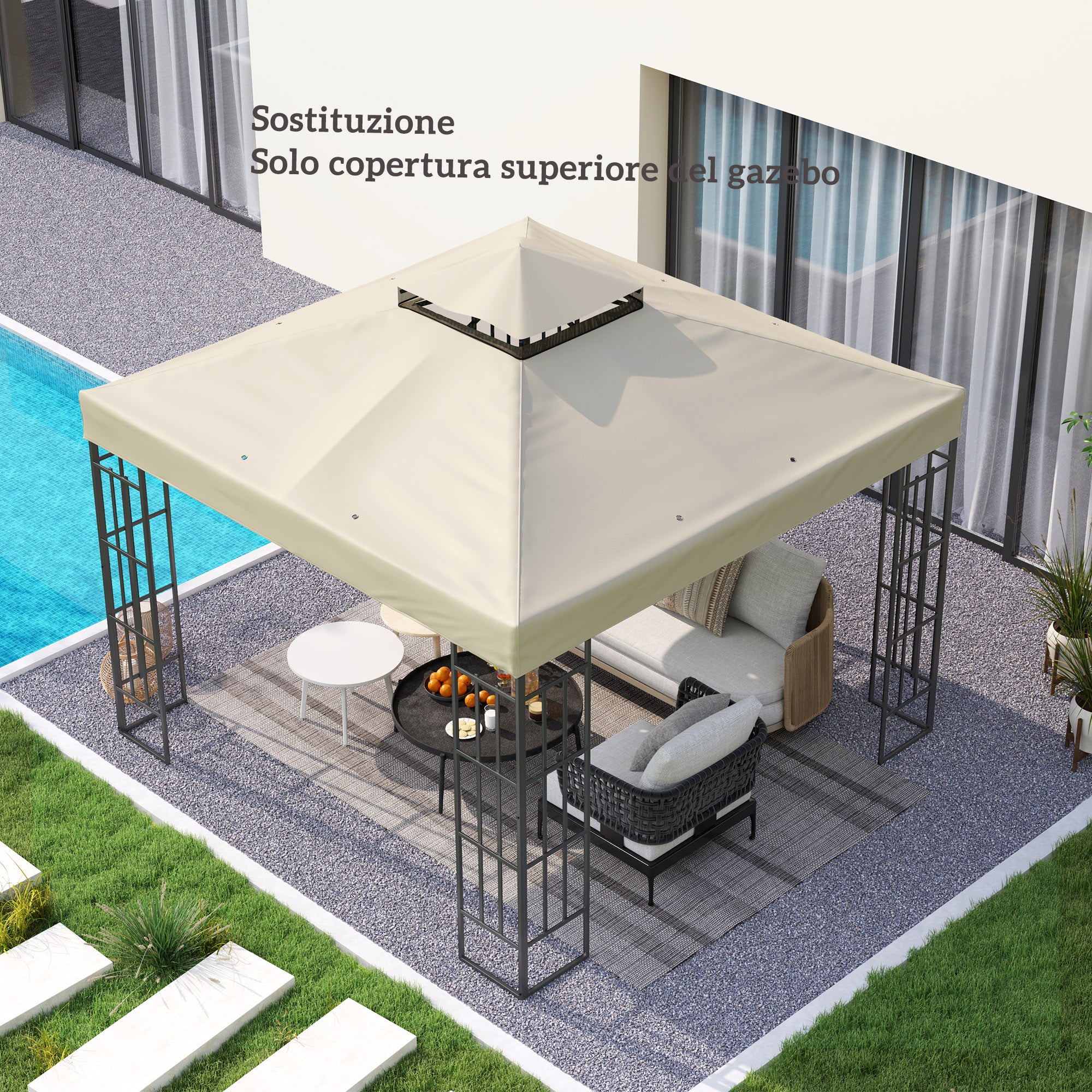 Garden Gazebo Cover 3x3m, 2-Tier UPF30+ Replacement Roof in Polyester, Cream