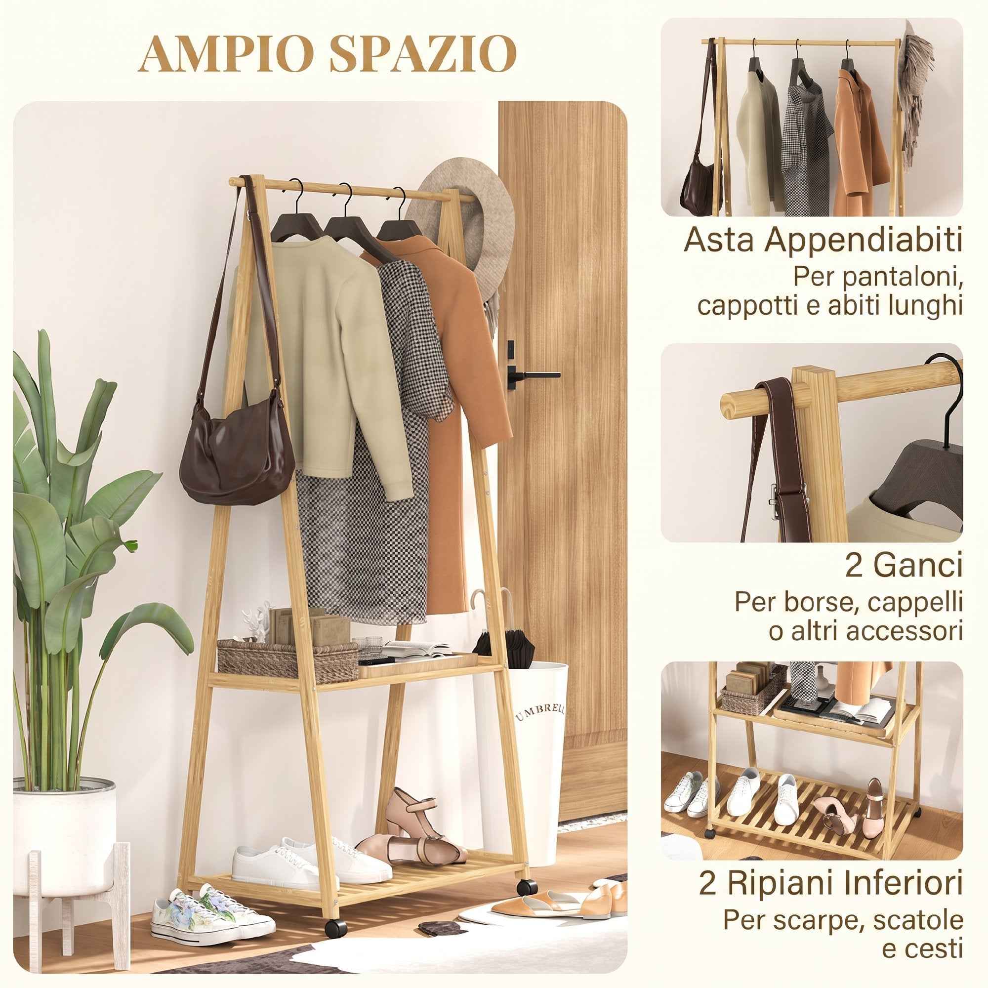 HOMCOM Bamboo Coat Rack with Shoe Shelf, 2 Hooks, Mobile Coat Stand for Entryway, Living Room, Natural