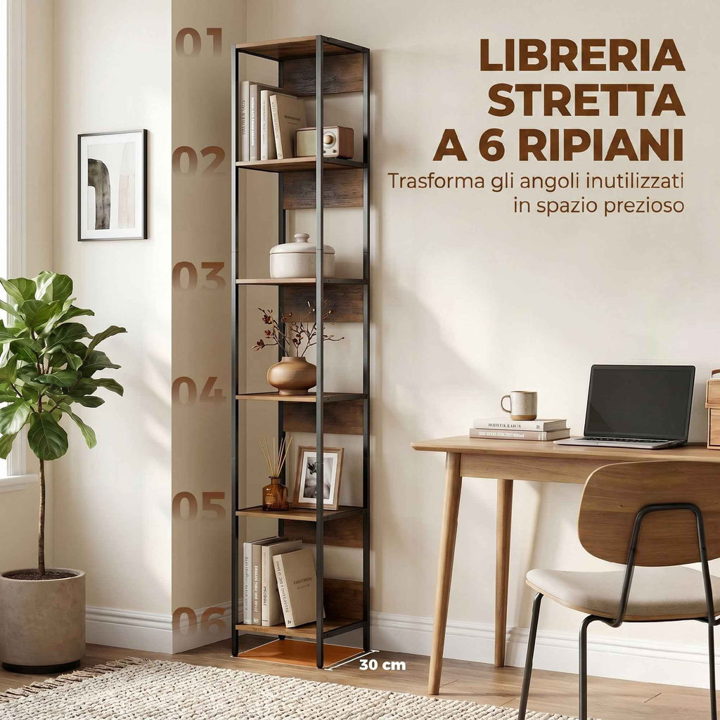 HOMCOM 6-Shelf Bookcase, Brown Wood Finish