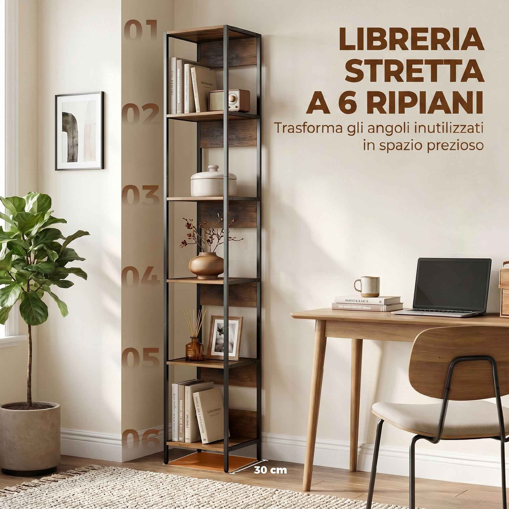 HOMCOM 6-Shelf Bookcase, Brown Wood Finish