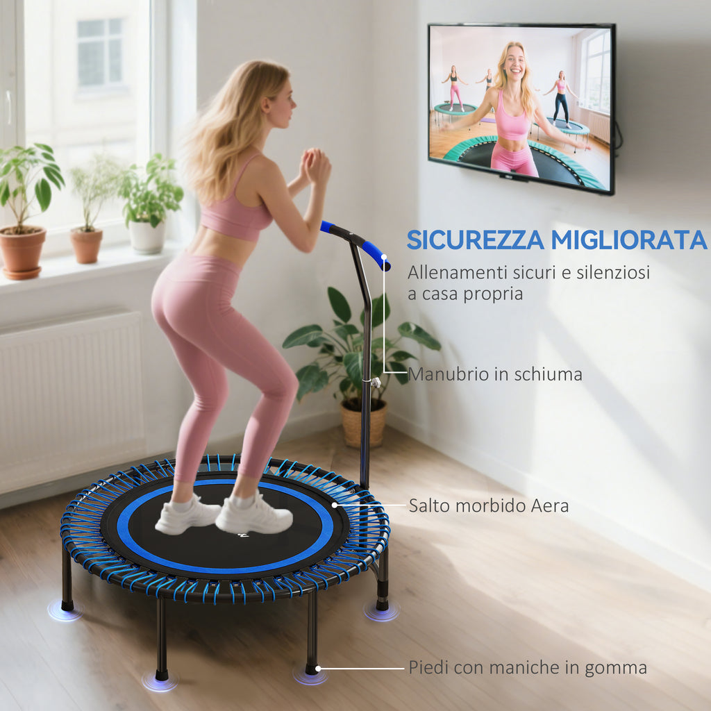 SPORTNOW Fitness Trampoline Ø145 cm with 5-Position Adjustable Handlebar, 36 Bungee Springs and 200 kg Capacity, Blue