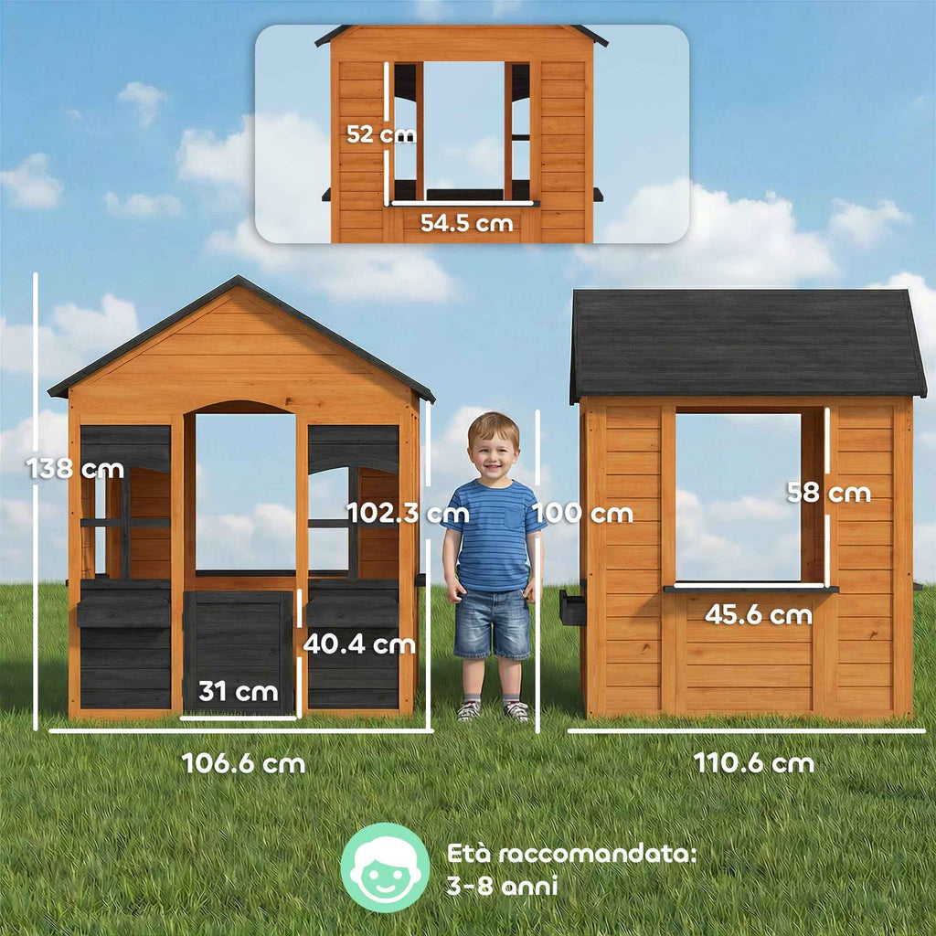 Kids Wooden Playhouse with Flower Pots, for Indoor/Outdoor Play, Ages 3–8, Brown