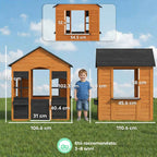 Kids Wooden Playhouse with Flower Pots, for Indoor/Outdoor Play, Ages 3–8, Brown