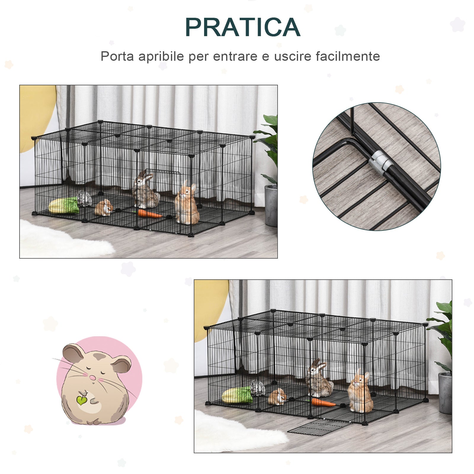 Rabbit and Small Animal Cage, 22 Modular Metal Panels with Door, Black, 105 x 70 x 45cm