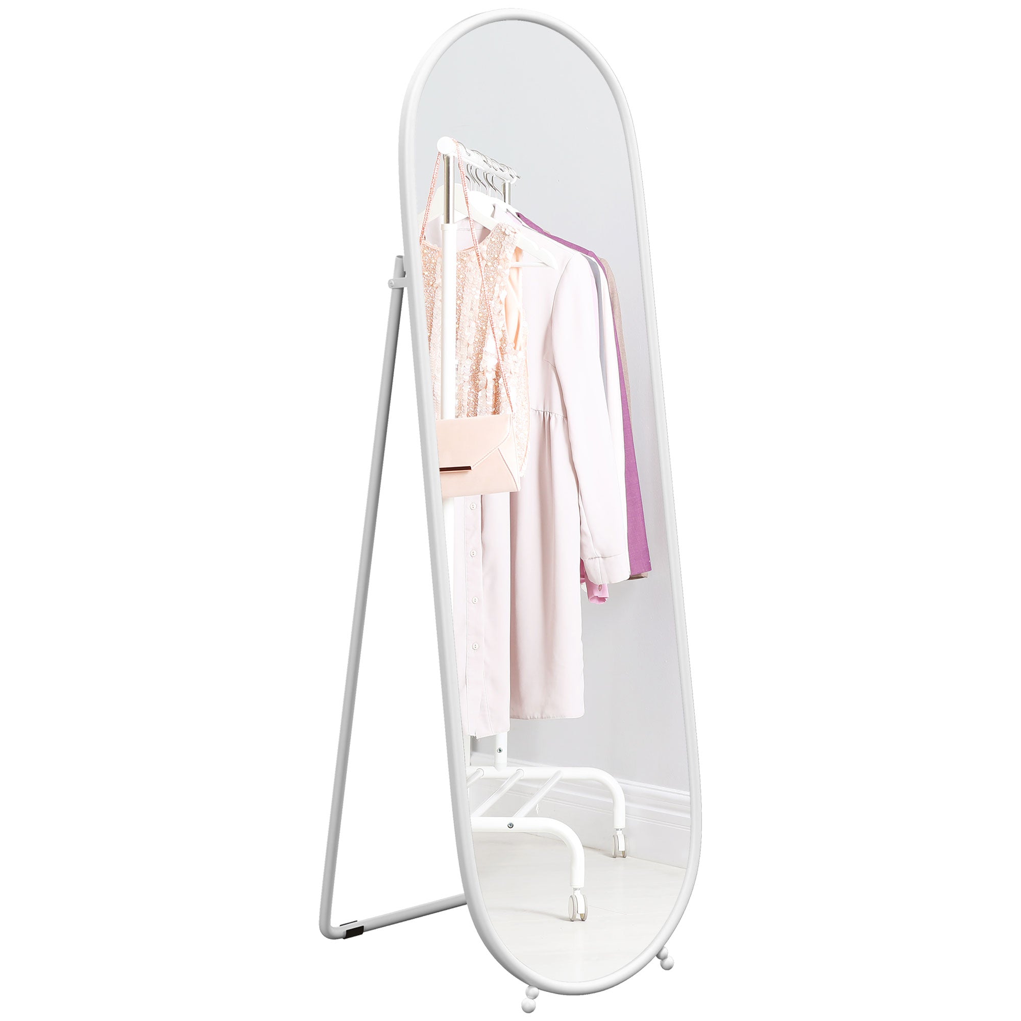 Full-Length Floor Mirror with Folding Stand, Glass and Metal, 40x41x159 cm, White