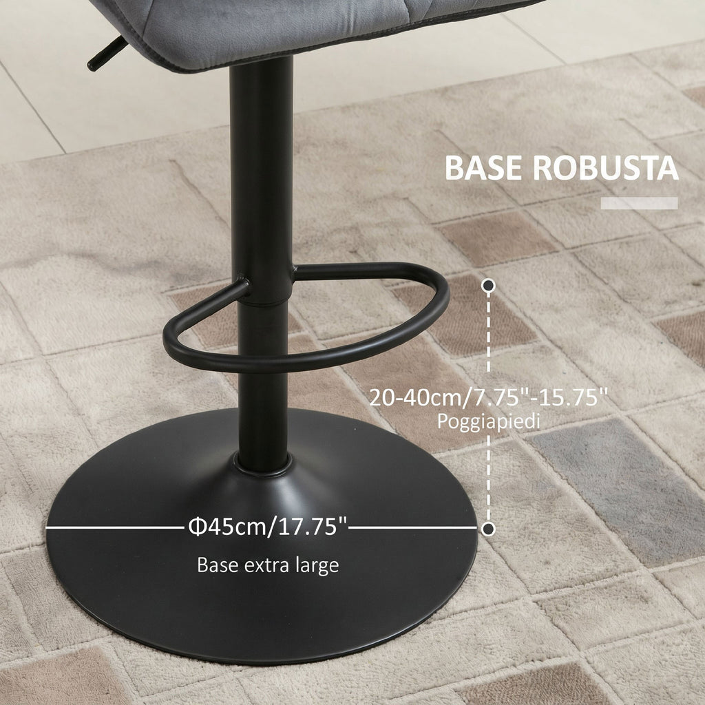 HOMCOM Set of 2 Velvet Bar Stools with Adjustable Height, Swivel Kitchen Stools with Backrest and Footrest, Grey
