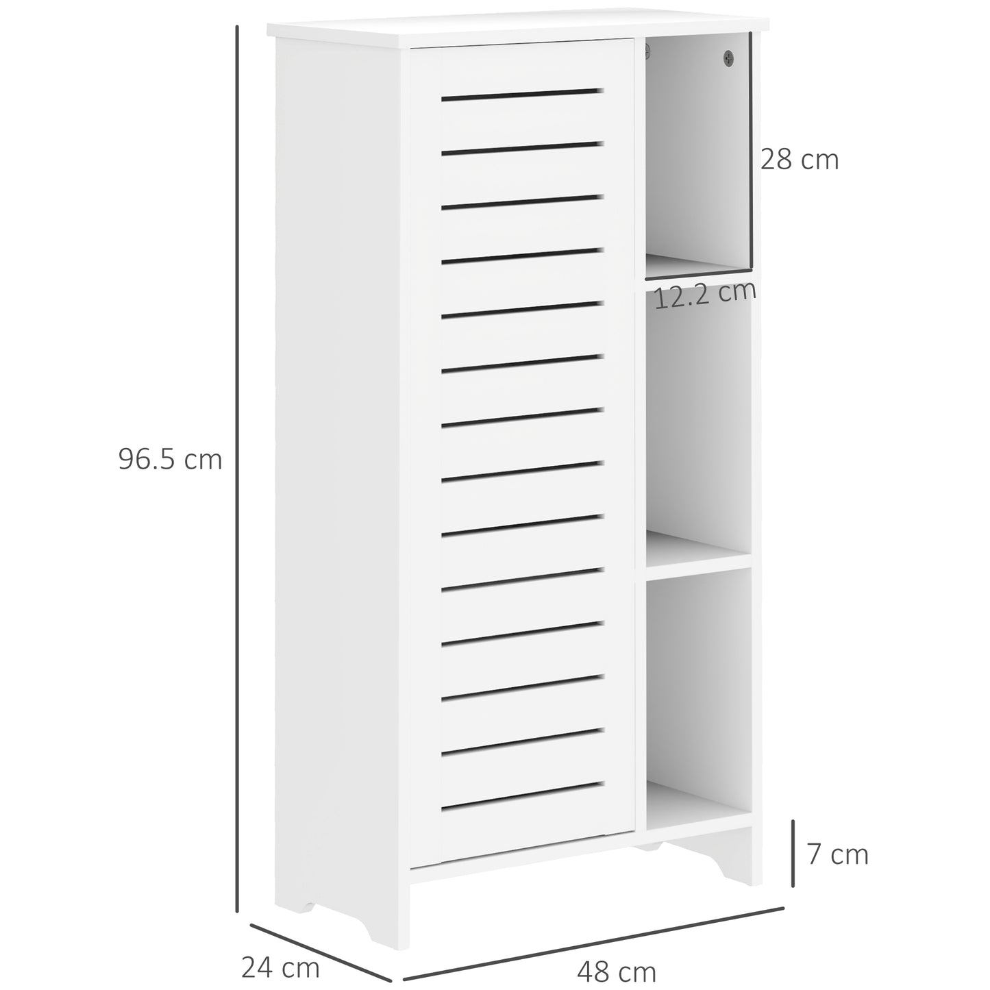 Bathroom Cabinet with 3-Tier Closed Cabinet and 3 Open Shelves, in White Wood, 48x24x96.5 cm