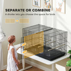 Bird Cage with Divider and Lower Storage Shelf, in Steel and PP, 94x57x57 cm, Black