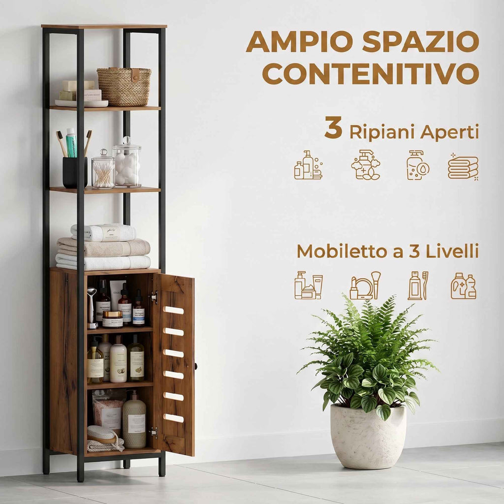 kleankin Tall Narrow Bathroom Cabinet, Space-Saving Bathroom Cabinet with Soft-Close Louvered Doors, 3 Open Shelves, Adjustable Shelves, Rustic Brown