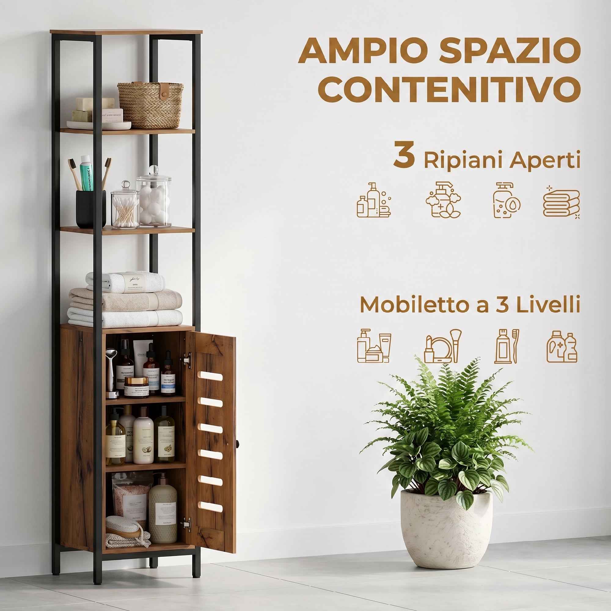 kleankin Tall Narrow Bathroom Cabinet, Space-Saving Bathroom Cabinet with Soft-Close Louvered Doors, 3 Open Shelves, Adjustable Shelves, Rustic Brown