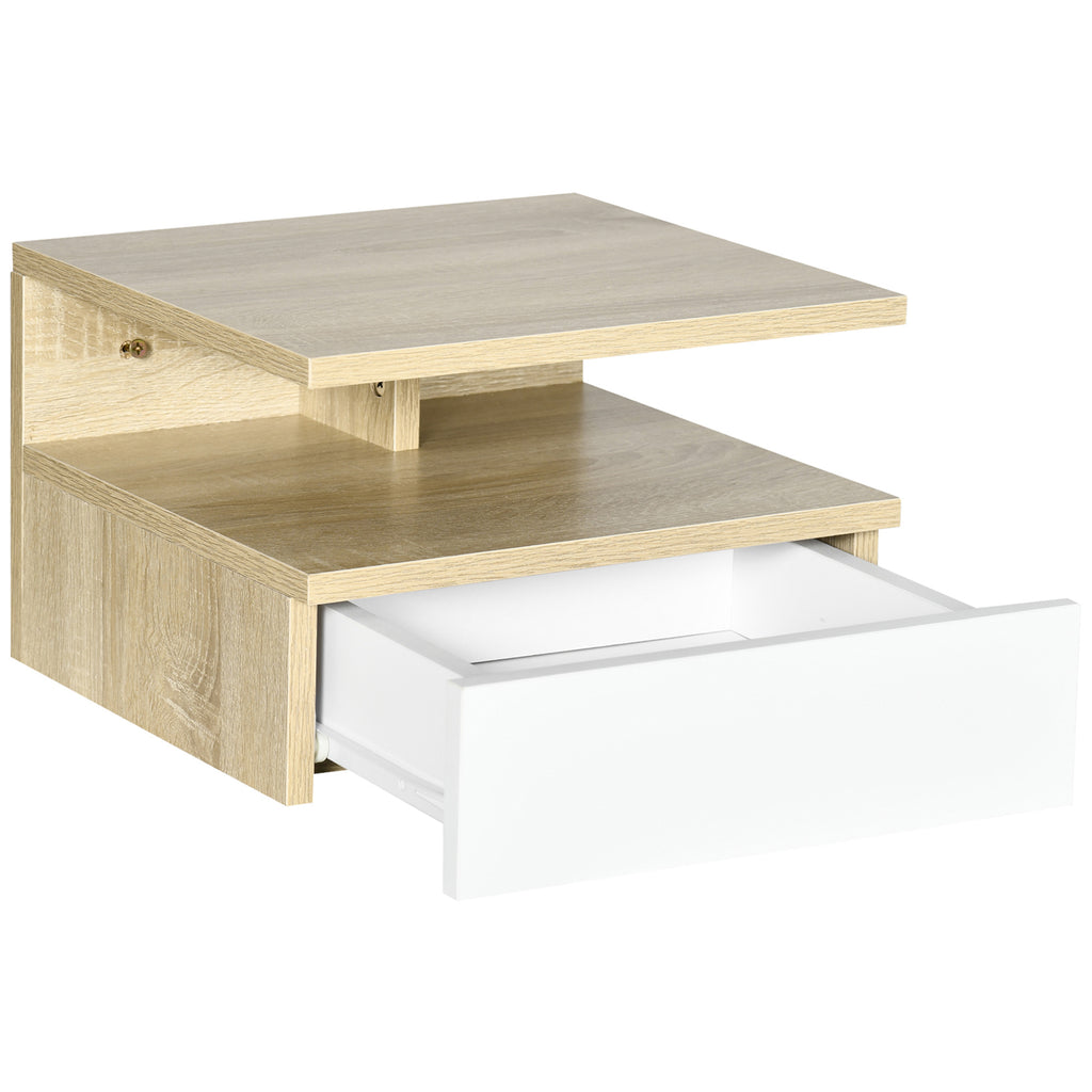 HOMCOM Set of 2 Suspended Bedside Tables with Drawer and Upper Shelf, in Wood, 35x32x22.5 cm, White and Oak - Borgè