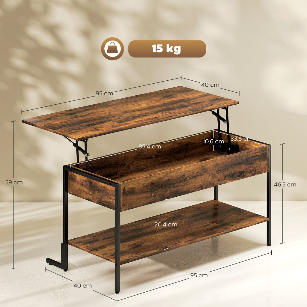 Industrial Style Lift-Up Coffee Table with Hidden Storage and Bottom Shelf, Brown