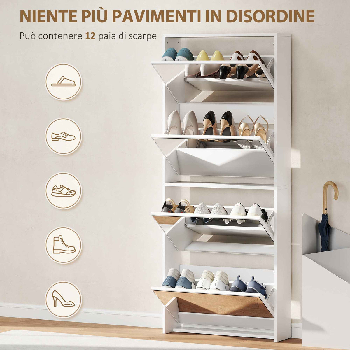 HOMCOM 4-Door Mirrored Shoe Rack, Anti-Tip, Wooden, 63x17x146 cm, White