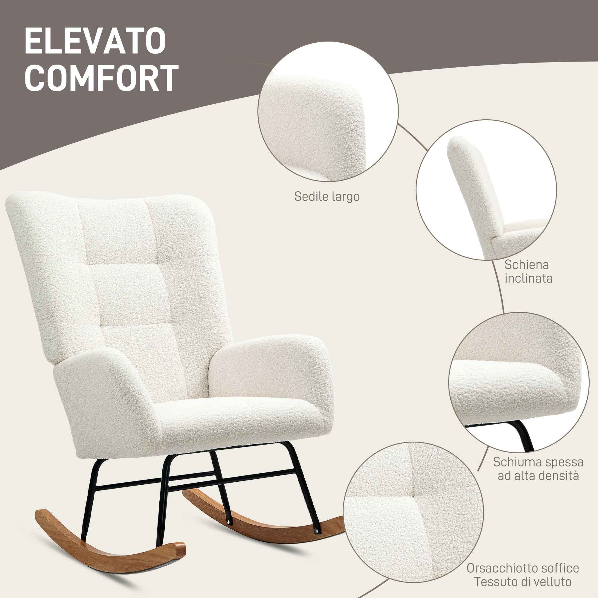 Teddy Velvet Rocking Chair, Metal and Wood for Bedroom and Living Room, 70x94x100 cm, Cream White