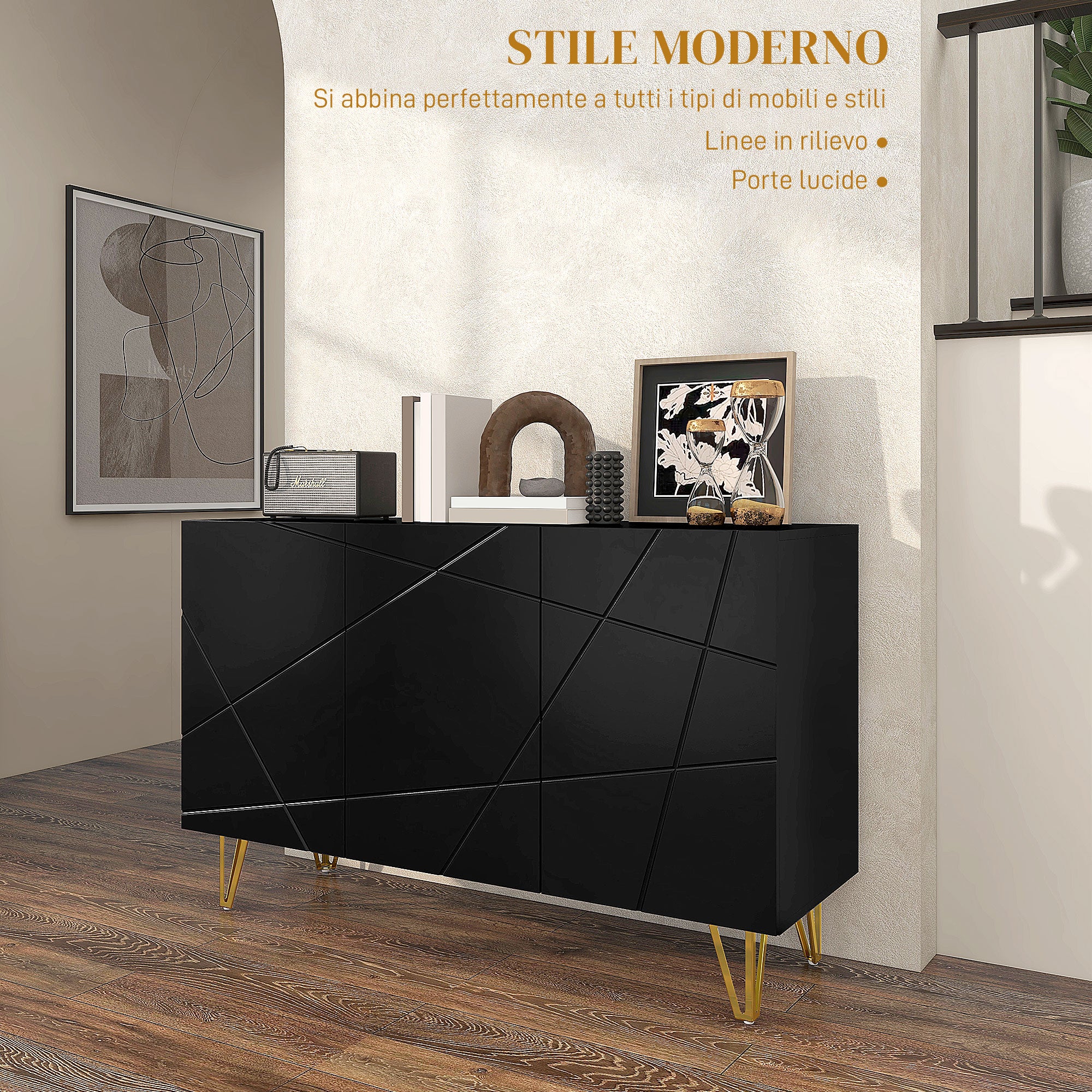 HOMCOM Storage Unit with 2 Cabinets and Adjustable Shelf, in Chipboard and Metal, 120x40x75 cm, Black and Gold - Borgè