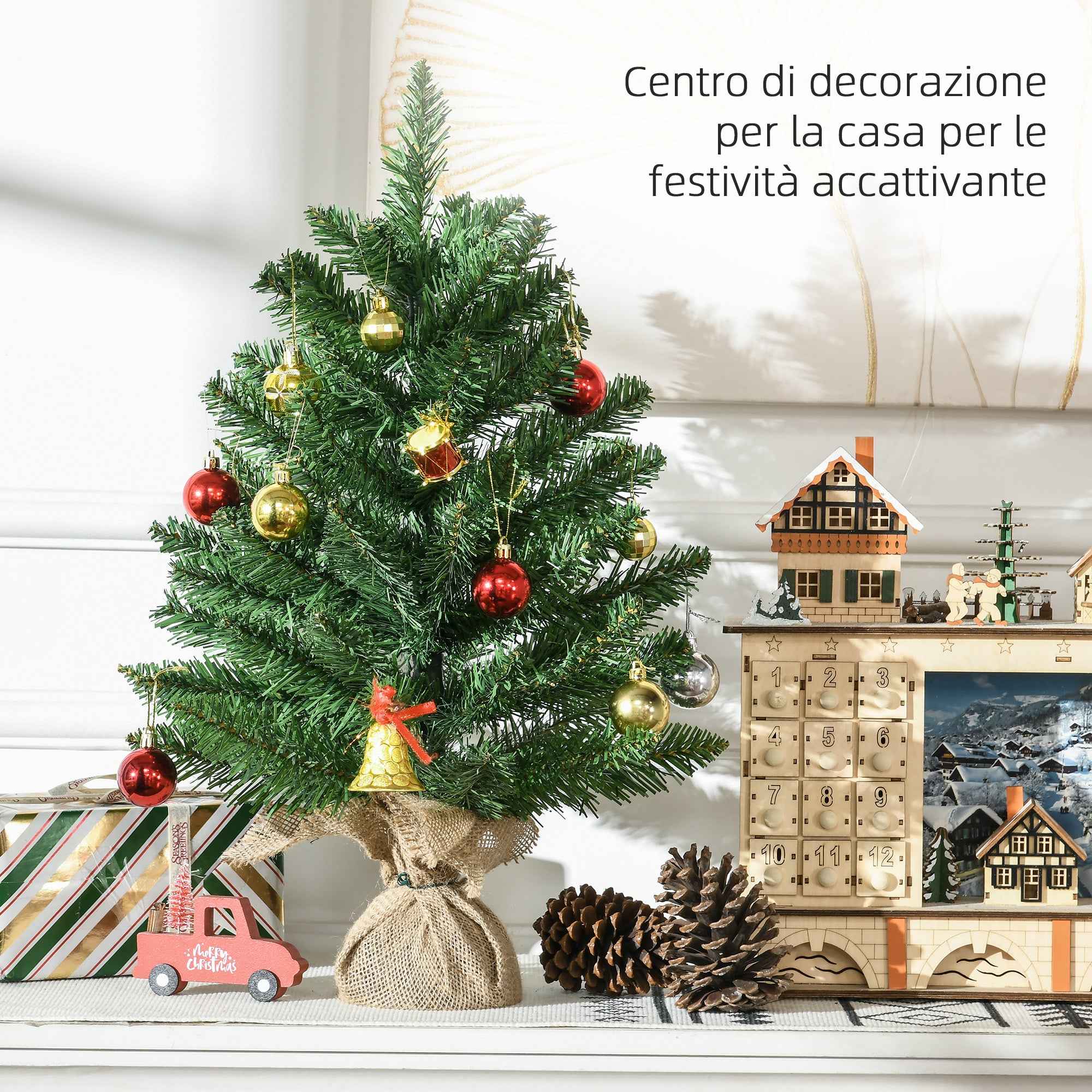 HOMCOM 55cm Mini Christmas Tree with 50 Thick Branches and Realistic PVC Needles, Cement and Jute Base