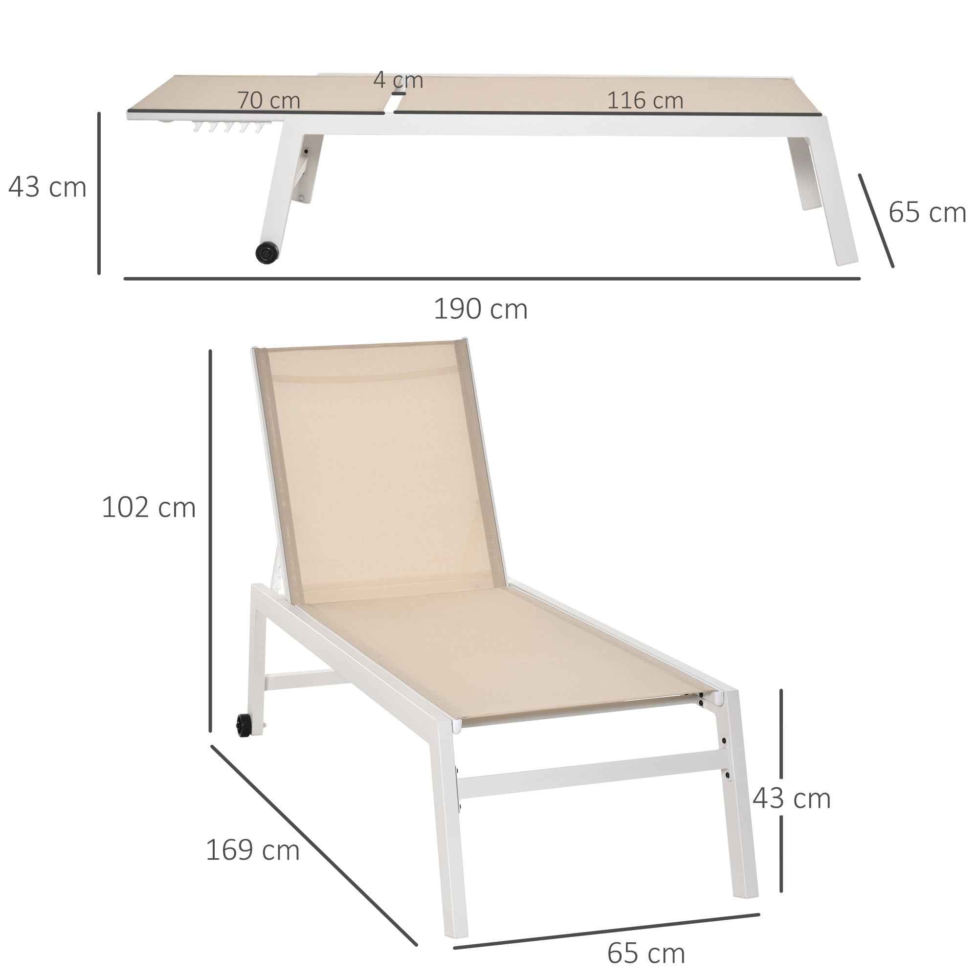 Outsunny Sun Lounger with Reclining Backrest, in Aluminum and Textilene, 169x65x102 cm, Beige and White
