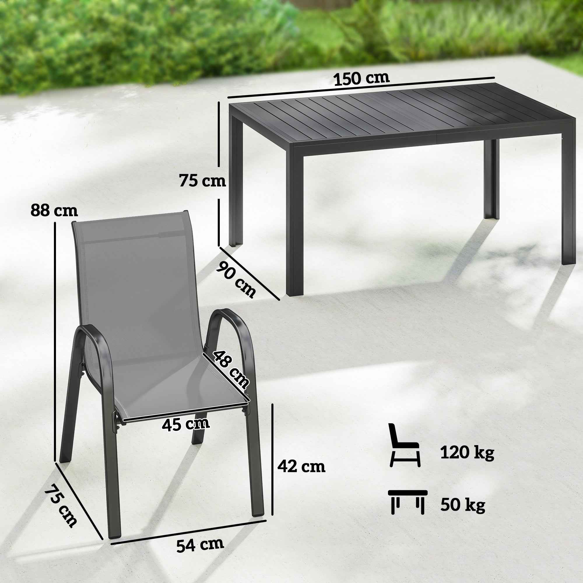 Outsunny Steel Outdoor Set with Rectangular Table and 6 Stackable Texteline Chairs, Light Grey