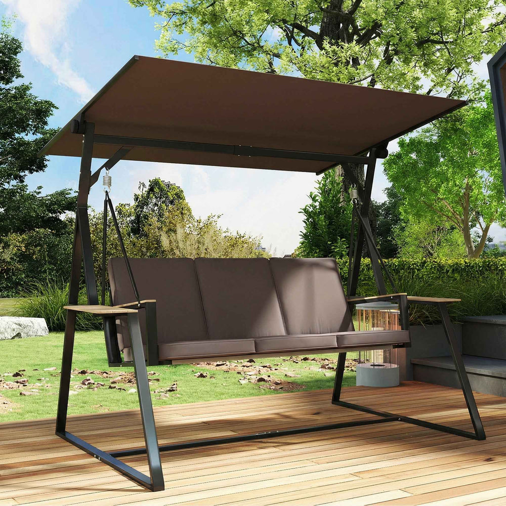 Outsunny 3-Seater Garden Swing with Adjustable Canopy, Outdoor Metal Swing with Cup Holder Trays, Padded Cushions, Load Capacity 360kg, for Terrace Balcony, 222x131x175cm, Brown