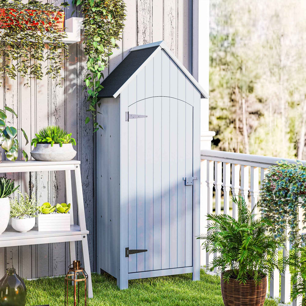 Outsunny 3-Shelf Wooden Tool Shed with Waterproof Bitumen Roof, 77.5 x 54.2 x 179.5 cm, White