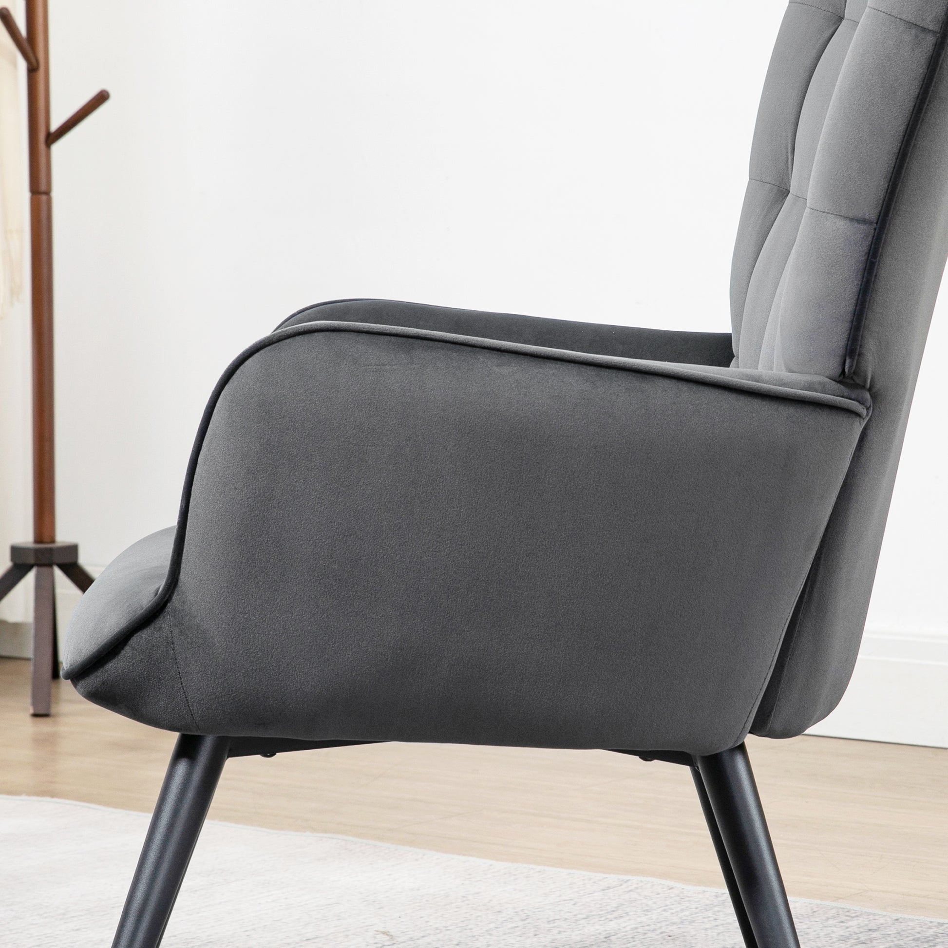 Upholstered Armchair with Armrests and Integrated Footrest in Dark Grey Velvet Effect Fabric - Borgè