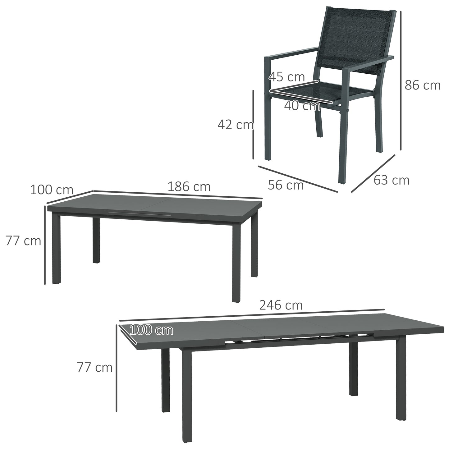 Outsunny garden set 7 aluminum pieces with 6 folding chairs and extendable table, gray and black