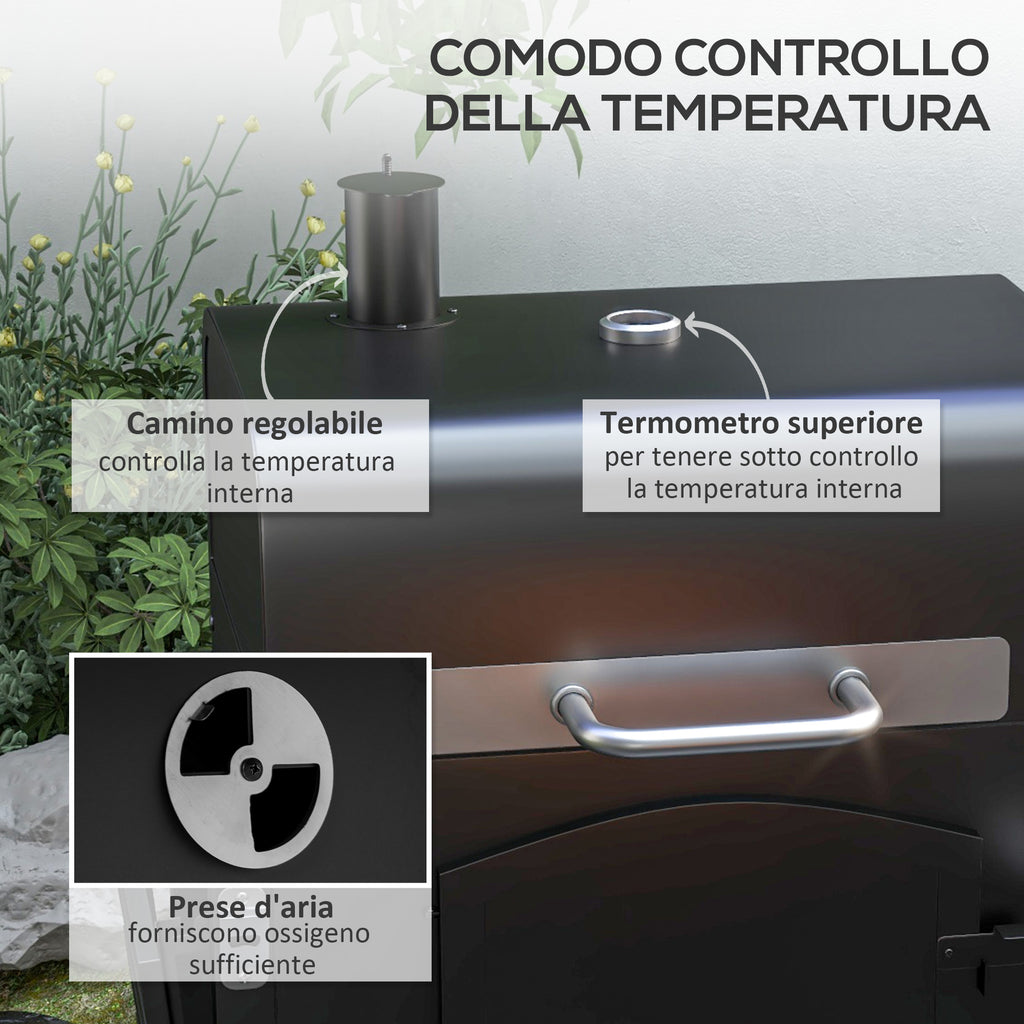 Outsunny 2-Wheel Garden Barbecue with Grill, Smoker and Stove, in Metal and Cast Iron, 124x66x112 cm, Black - Borgè
