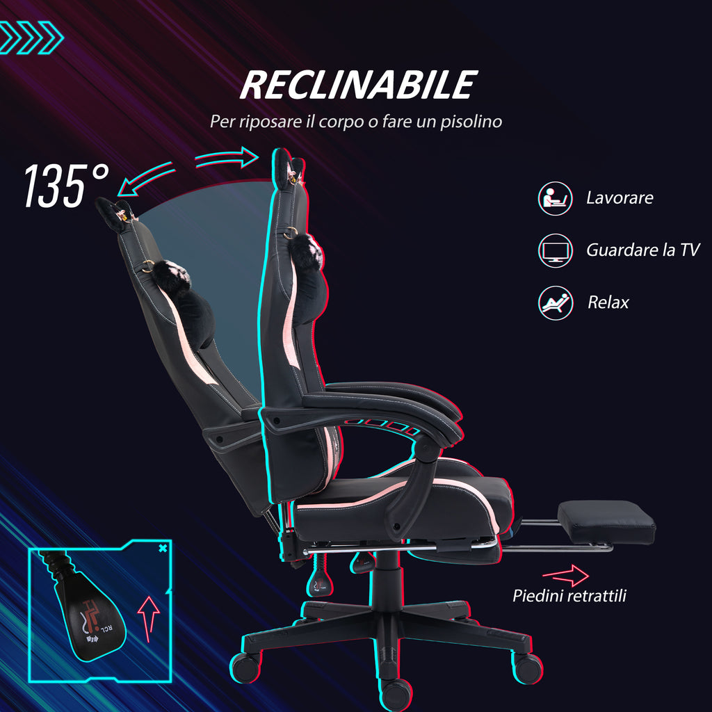 Reclining Gaming Chair with Footrest and Cushions, Faux Leather and Sponge, 65x62x116-124 cm, Pink and Black