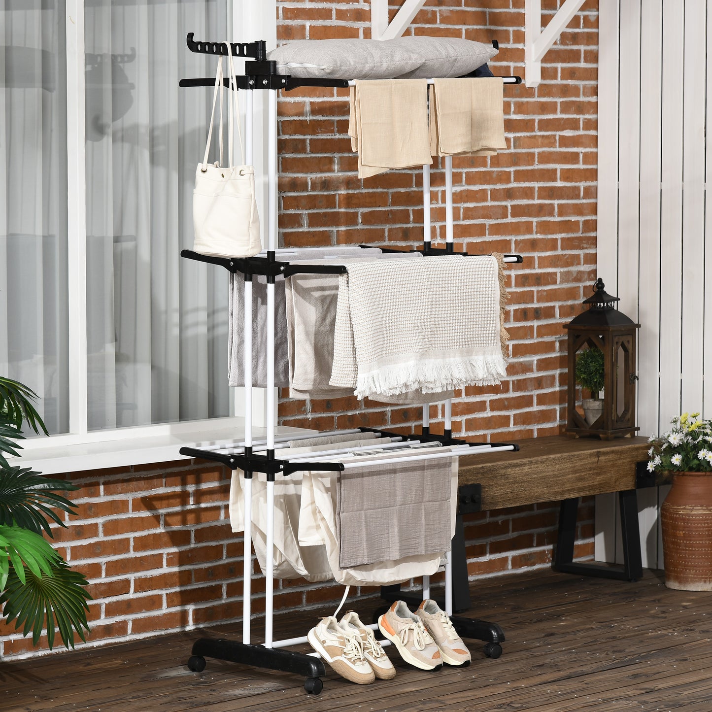 4-Tier Folding Clothes Airer with Rotating Wings and 4 Wheels, in Steel and PP, 73x64x177 cm, Black