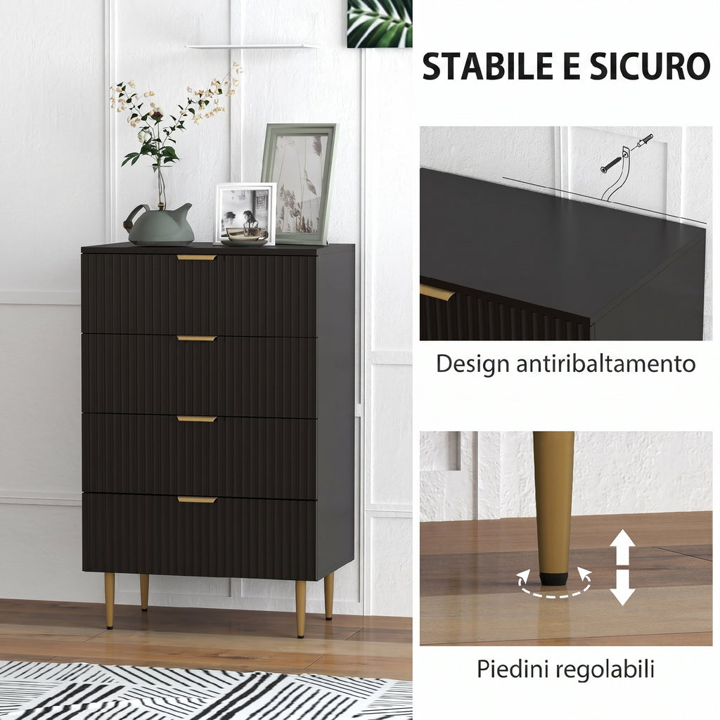HOMCOM Modern 4-Drawer Chest of Drawers, Dresser with Gold Handles and Anti-Tip Device, 60x40x96 cm, Black