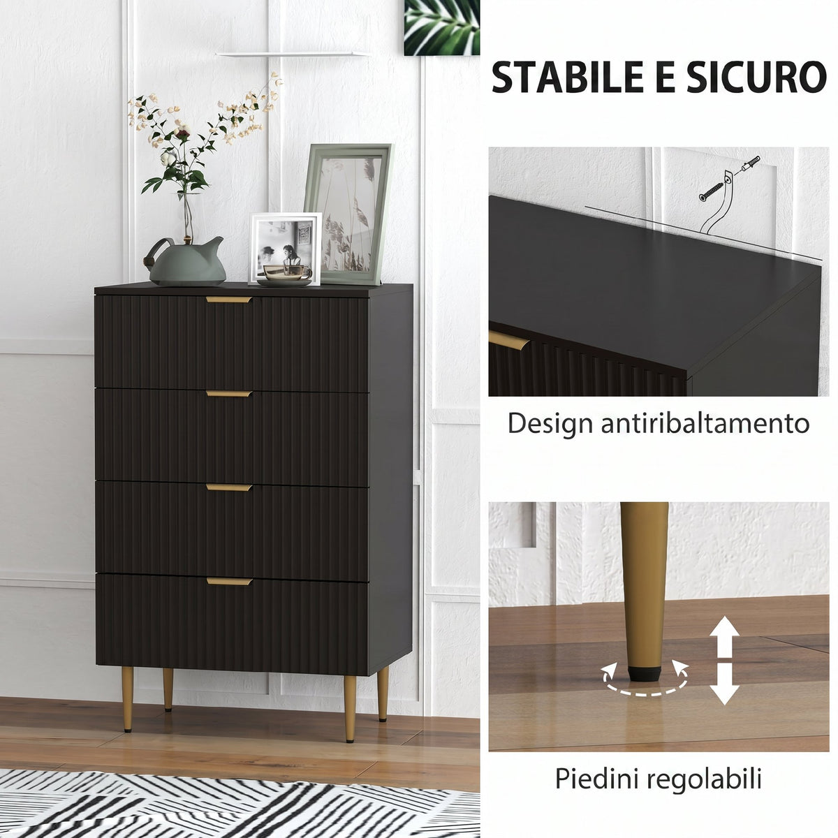 HOMCOM Modern 4-Drawer Chest of Drawers, Dresser with Gold Handles and Anti-Tip Device, 60x40x96 cm, Black